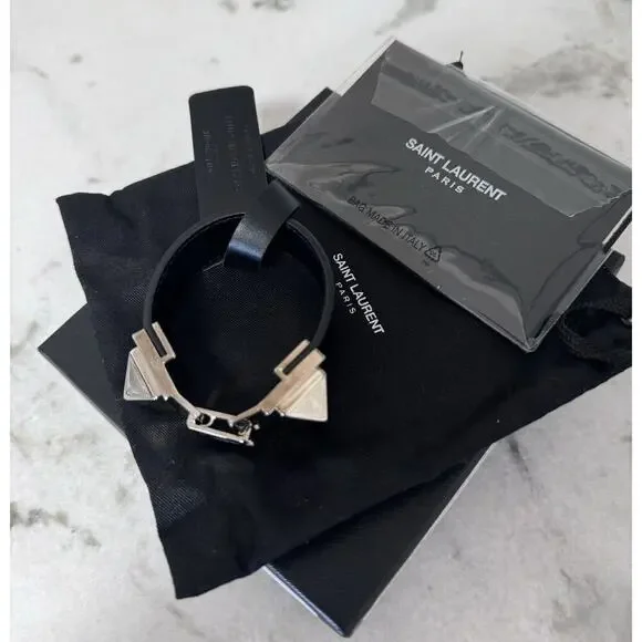 Auth Saint Laurent YSL Black Leather Stud Bracelet Small Sized Metal - Picture 2 of 16